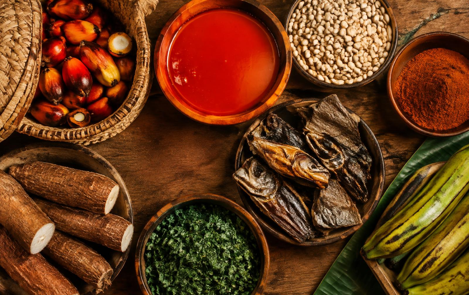 African ingredients on a wooden table